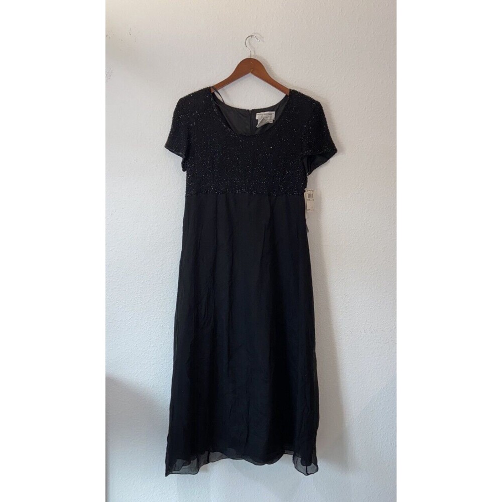 Vintage Adrianna Papell Silk Babydoll Dress 14 Sequin Beaded Black Womens New